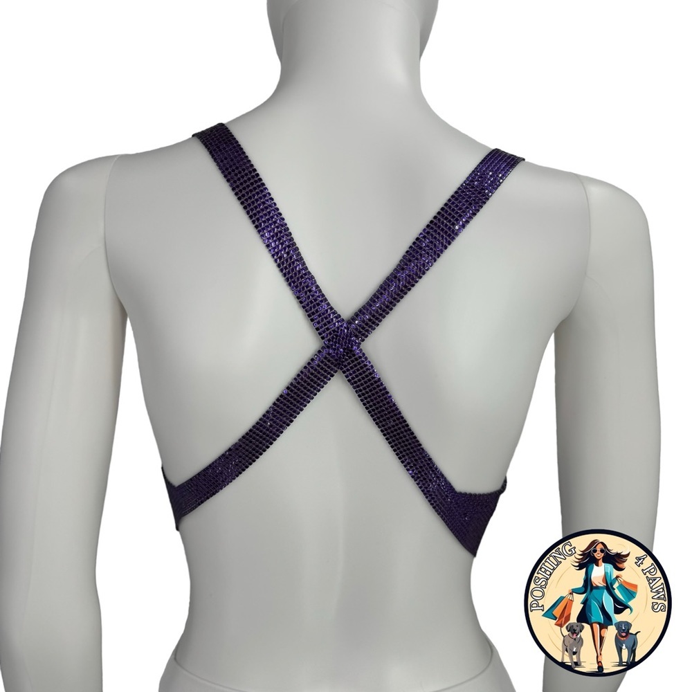 FANNIE SCHIAVONI Hailey Mesh Metallic Festival Draped Crop Top in Purple Size S - Picture 11 of 15